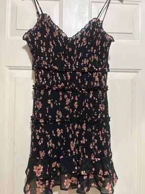 Olivaceous Black Floral Smocked Ruffle Mini Dress - Pink Floral Print